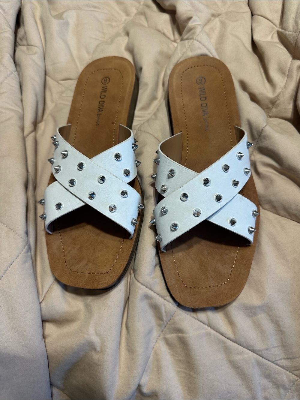 Wild Diva White Studded Crisscross Slide Sandals with Silver Spikes